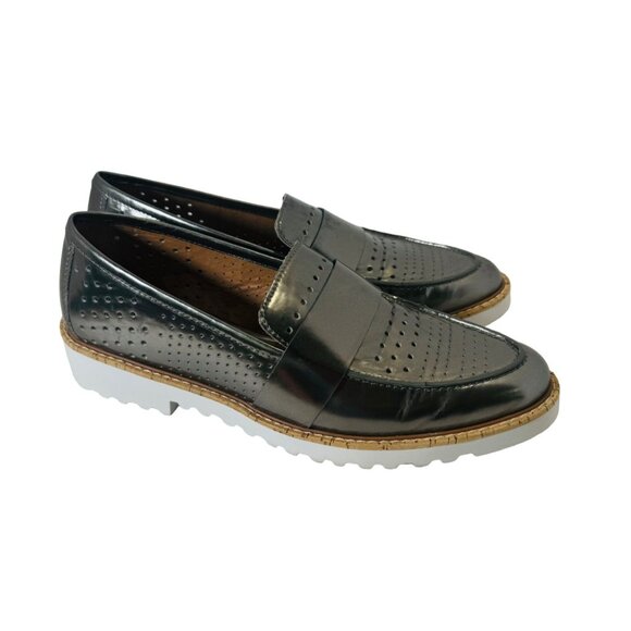 Halogen Emily Metal Pewter Leather Loafer 10 Comfortable Preppy Academic Shoe - Picture 2 of 15